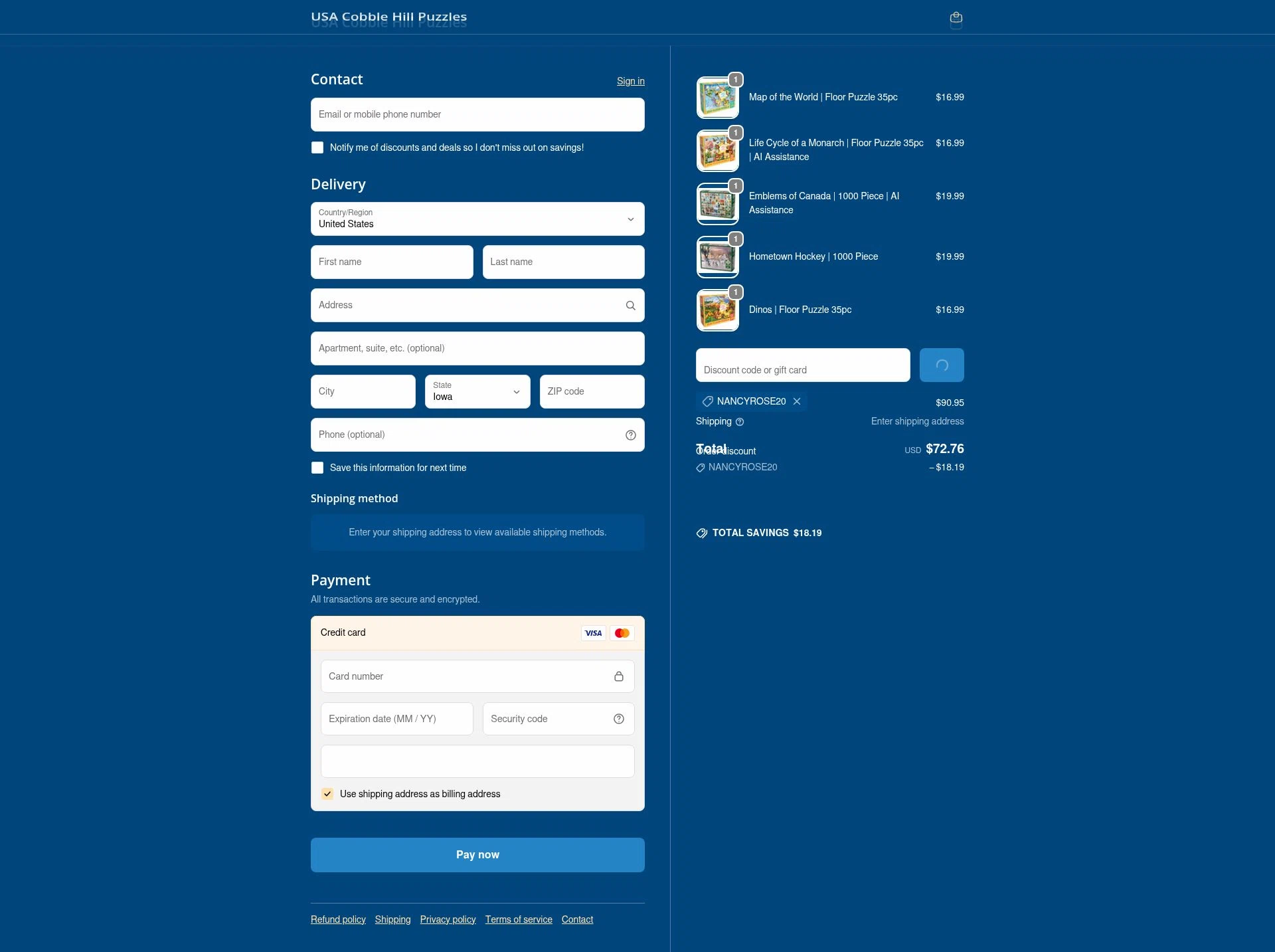 Cobble Hill checkout page showing Cobble Hill discount code box | Screenshot taken by SimplyCodes community member on Feb 5, 2026
