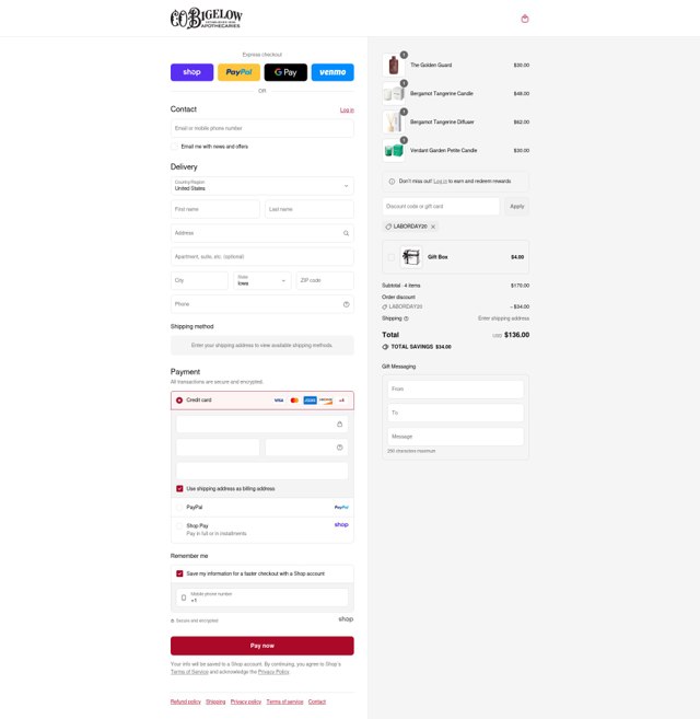 C.O. Bigelow Apothecaries checkout page showing C.O. Bigelow Apothecaries promo code box | Screenshot taken by SimplyCodes community member on Sep 4, 2025
