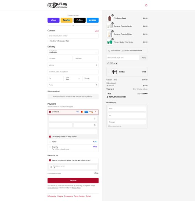 C.O. Bigelow Apothecaries checkout page showing C.O. Bigelow Apothecaries promo code box | Screenshot taken by SimplyCodes community member on Sep 8, 2025