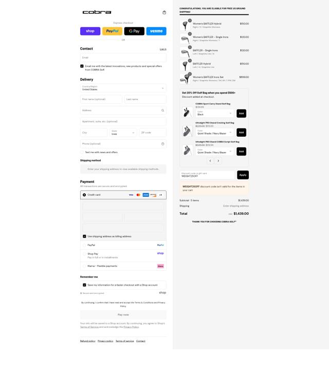Cobra Golf checkout page showing Cobra Golf discount code box | Screenshot taken by SimplyCodes community member on Sep 3, 2025