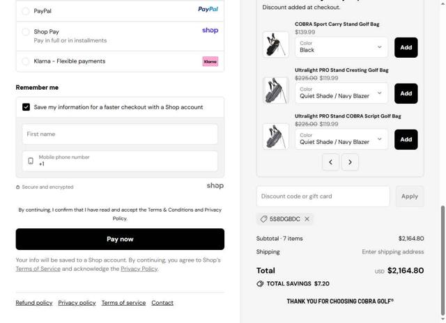 Cobra Golf checkout page showing Cobra Golf discount code box | Screenshot taken by SimplyCodes community member on Sep 12, 2025