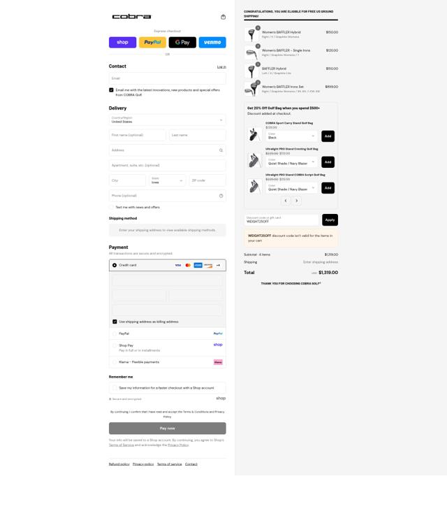 Cobra Golf checkout page showing Cobra Golf discount code box | Screenshot taken by SimplyCodes community member on Sep 8, 2025