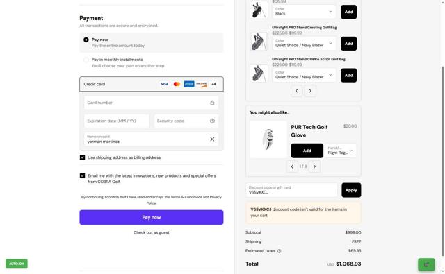 Cobra Golf checkout page showing Cobra Golf discount code box | Screenshot taken by SimplyCodes community member on Sep 6, 2025