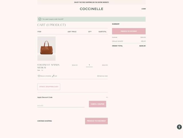 Coccinelle checkout page showing Coccinelle promo code box | Screenshot taken by SimplyCodes community member on Aug 28, 2025