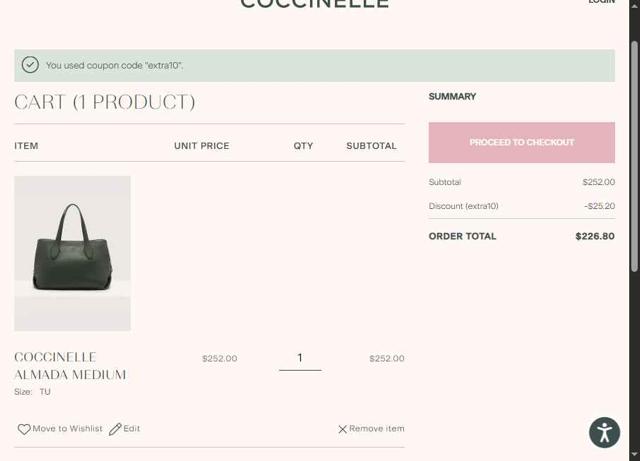 Coccinelle checkout page showing Coccinelle promo code box | Screenshot taken by SimplyCodes community member on Aug 7, 2025