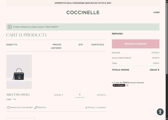 Coccinelle checkout page showing Coccinelle promo code box | Screenshot taken by SimplyCodes community member on Aug 20, 2025