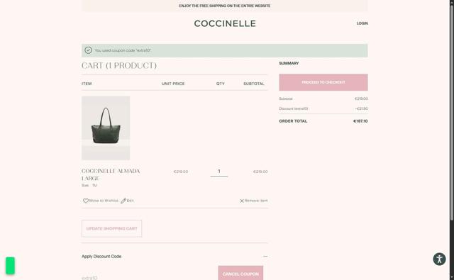 Coccinelle checkout page showing Coccinelle promo code box | Screenshot taken by SimplyCodes community member on Jul 17, 2025
