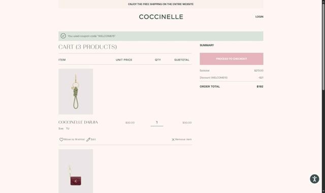 Coccinelle checkout page showing Coccinelle promo code box | Screenshot taken by SimplyCodes community member on Aug 10, 2025