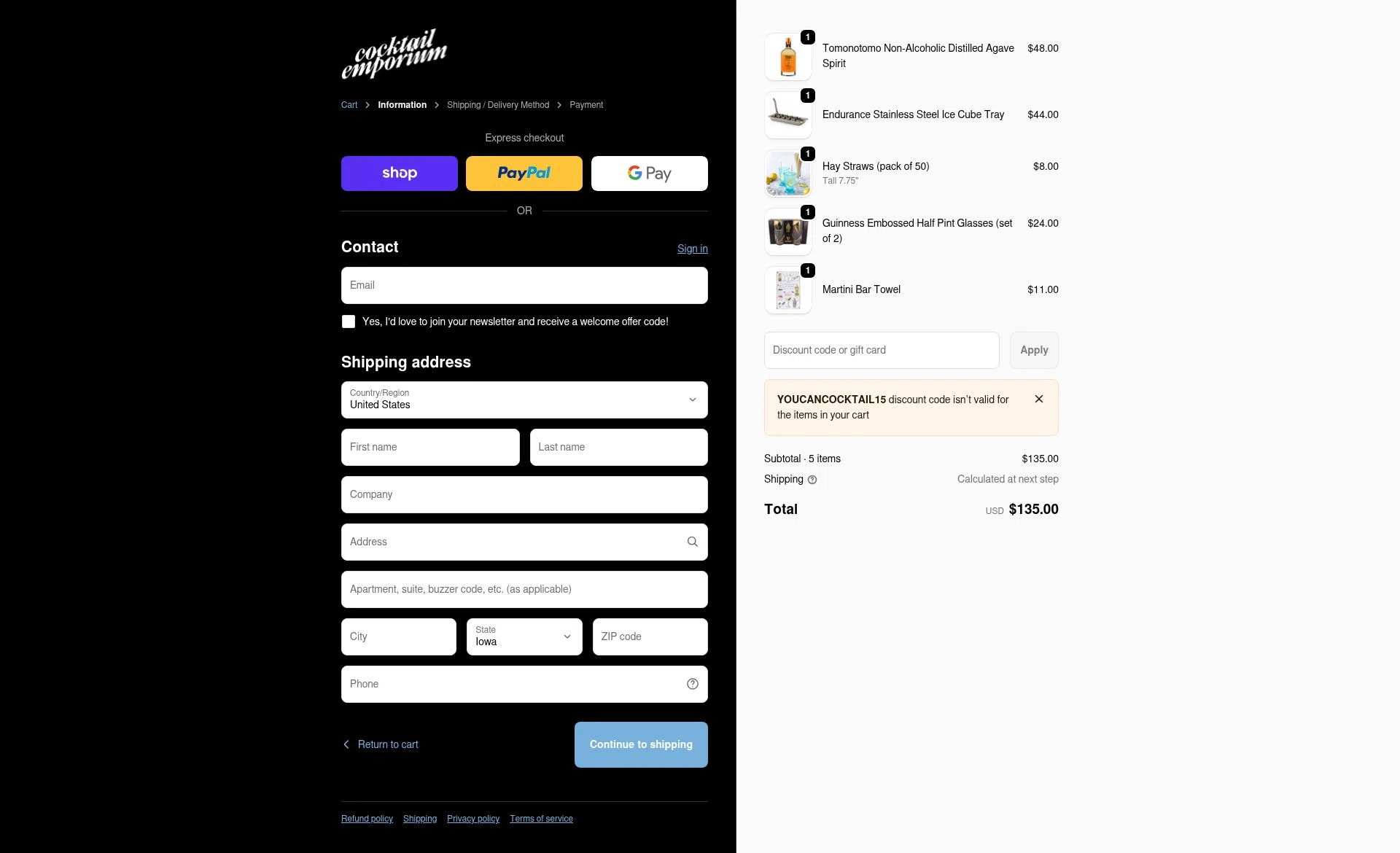 Cocktail Emporium checkout page showing Cocktail Emporium discount code box | Screenshot taken by SimplyCodes community member on Jan 24, 2026