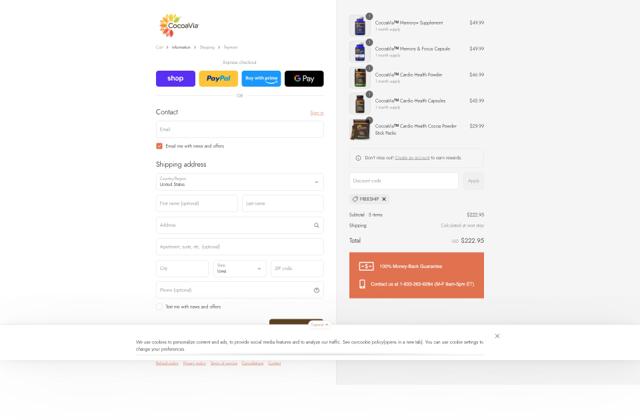 CocoaVia checkout page showing CocoaVia promo code box | Screenshot taken by SimplyCodes community member on Sep 12, 2025