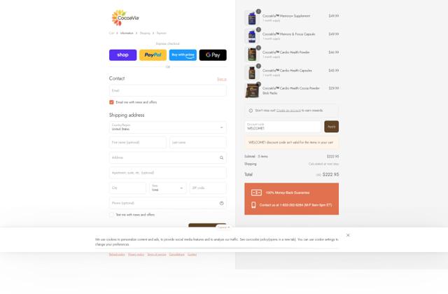 CocoaVia checkout page showing CocoaVia promo code box | Screenshot taken by SimplyCodes community member on Sep 12, 2025
