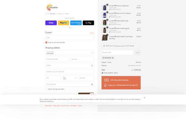 CocoaVia checkout page showing CocoaVia promo code box | Screenshot taken by SimplyCodes community member on Sep 12, 2025