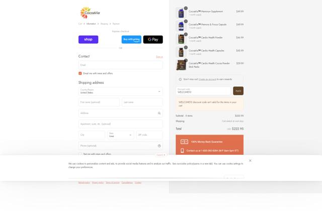 CocoaVia checkout page showing CocoaVia promo code box | Screenshot taken by SimplyCodes community member on Sep 12, 2025