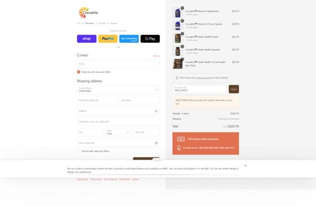 CocoaVia checkout page showing CocoaVia promo code box | Screenshot taken by SimplyCodes community member on Sep 12, 2025