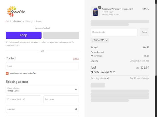 CocoaVia checkout page showing CocoaVia promo code box | Screenshot taken by SimplyCodes community member on Sep 12, 2025