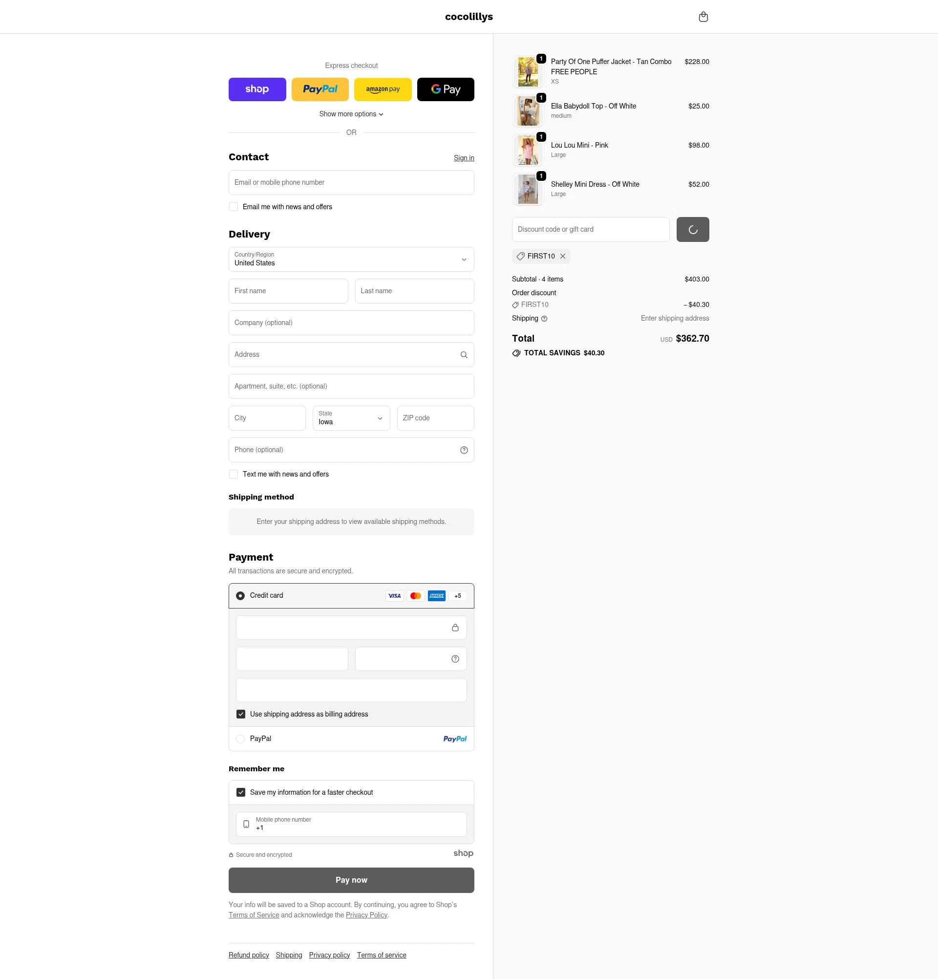 Cocolillys checkout page showing Cocolillys discount code box | Screenshot taken by SimplyCodes community member on Dec 29, 2025