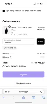 HOLLY10 coupon verification screenshot