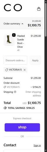 Victoria15 coupon verification screenshot