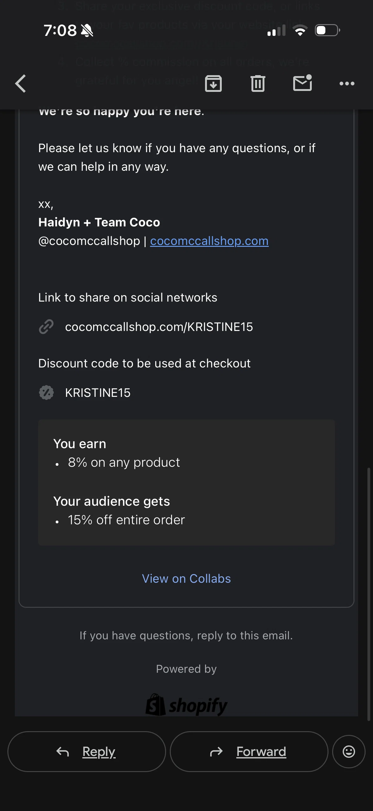 Coco McCall Shop promo code screenshot showing code KRISTINE15 applied at Coco McCall Shop checkout page. Uploaded by SimplyCodes community member KristineStew_ on Feb 10, 2026