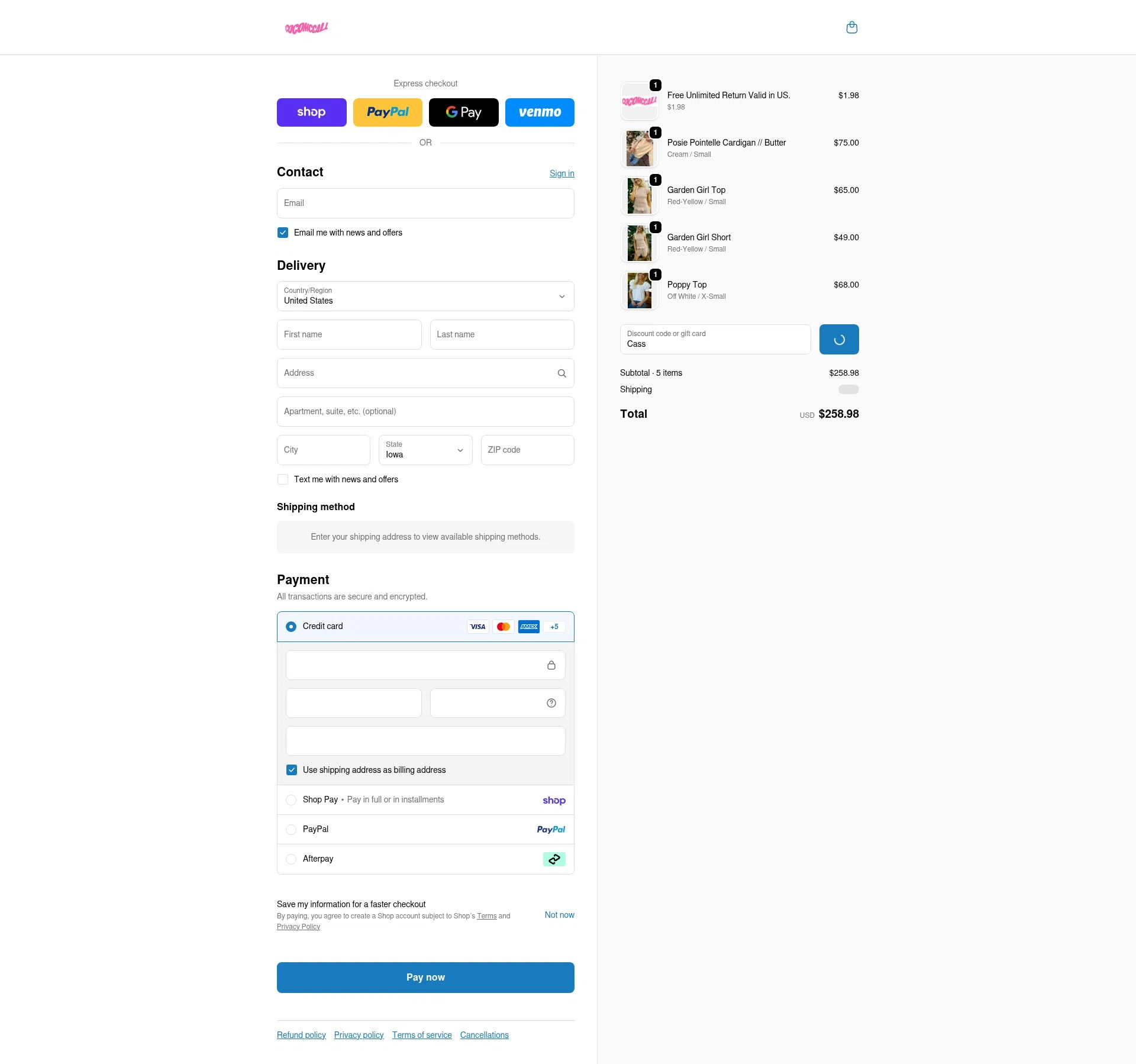 Coco McCall Shop checkout page showing Coco McCall Shop promo code box | Screenshot taken by SimplyCodes community member on Feb 17, 2026