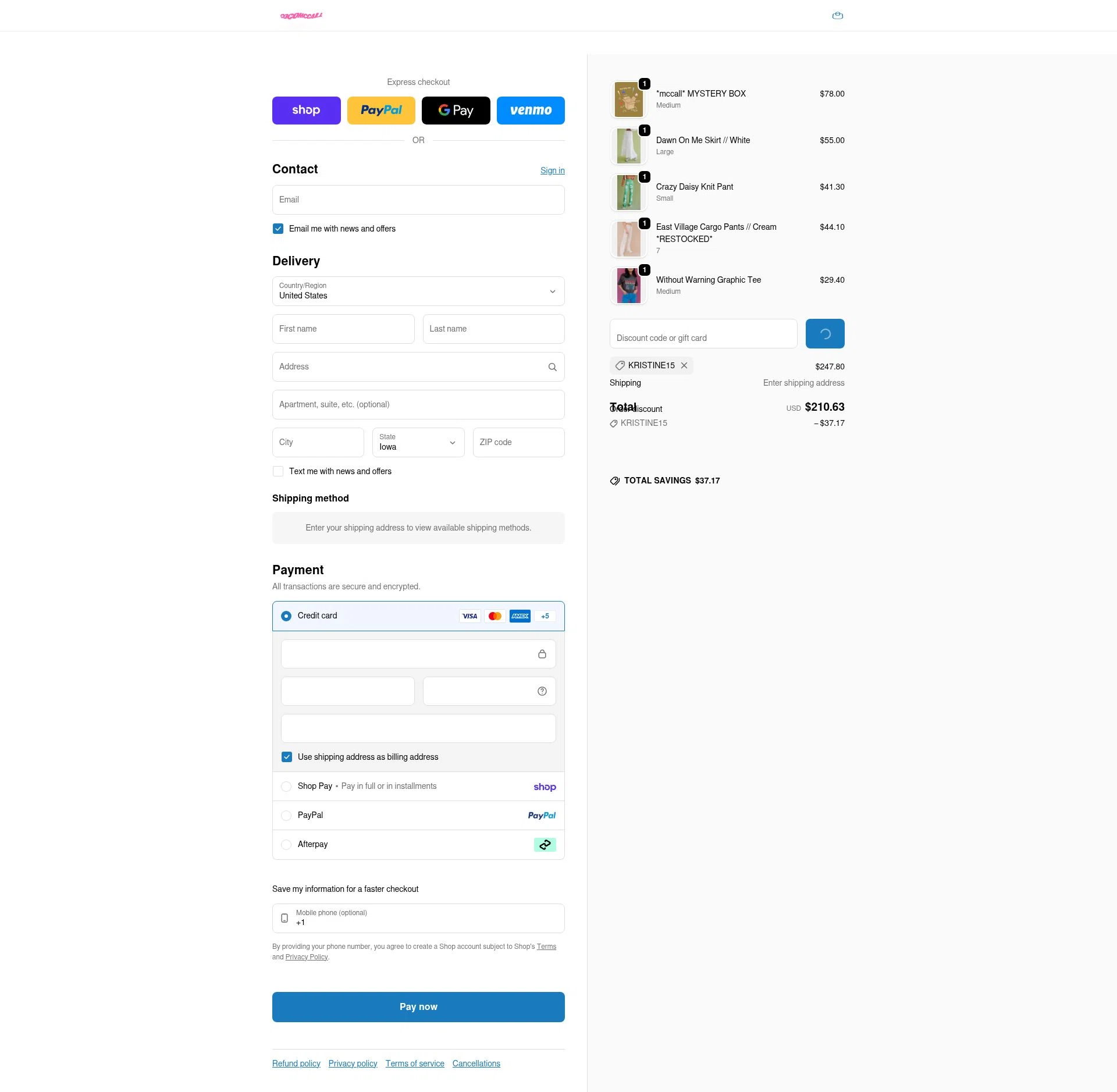 Coco McCall Shop checkout page showing Coco McCall Shop promo code box | Screenshot taken by SimplyCodes community member on Feb 13, 2026