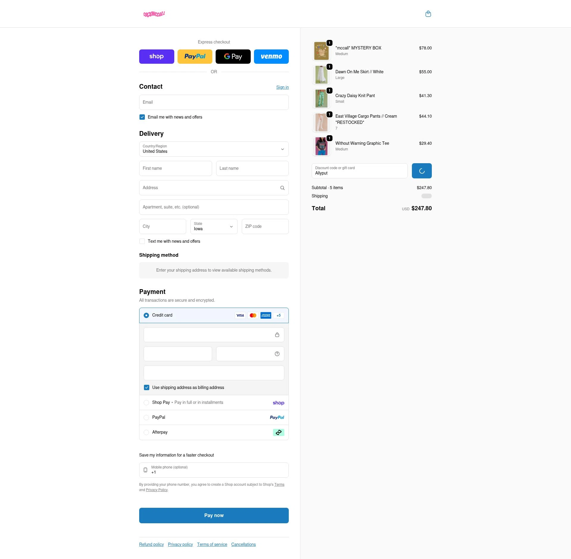 Coco McCall Shop checkout page showing Coco McCall Shop promo code box | Screenshot taken by SimplyCodes community member on Feb 13, 2026