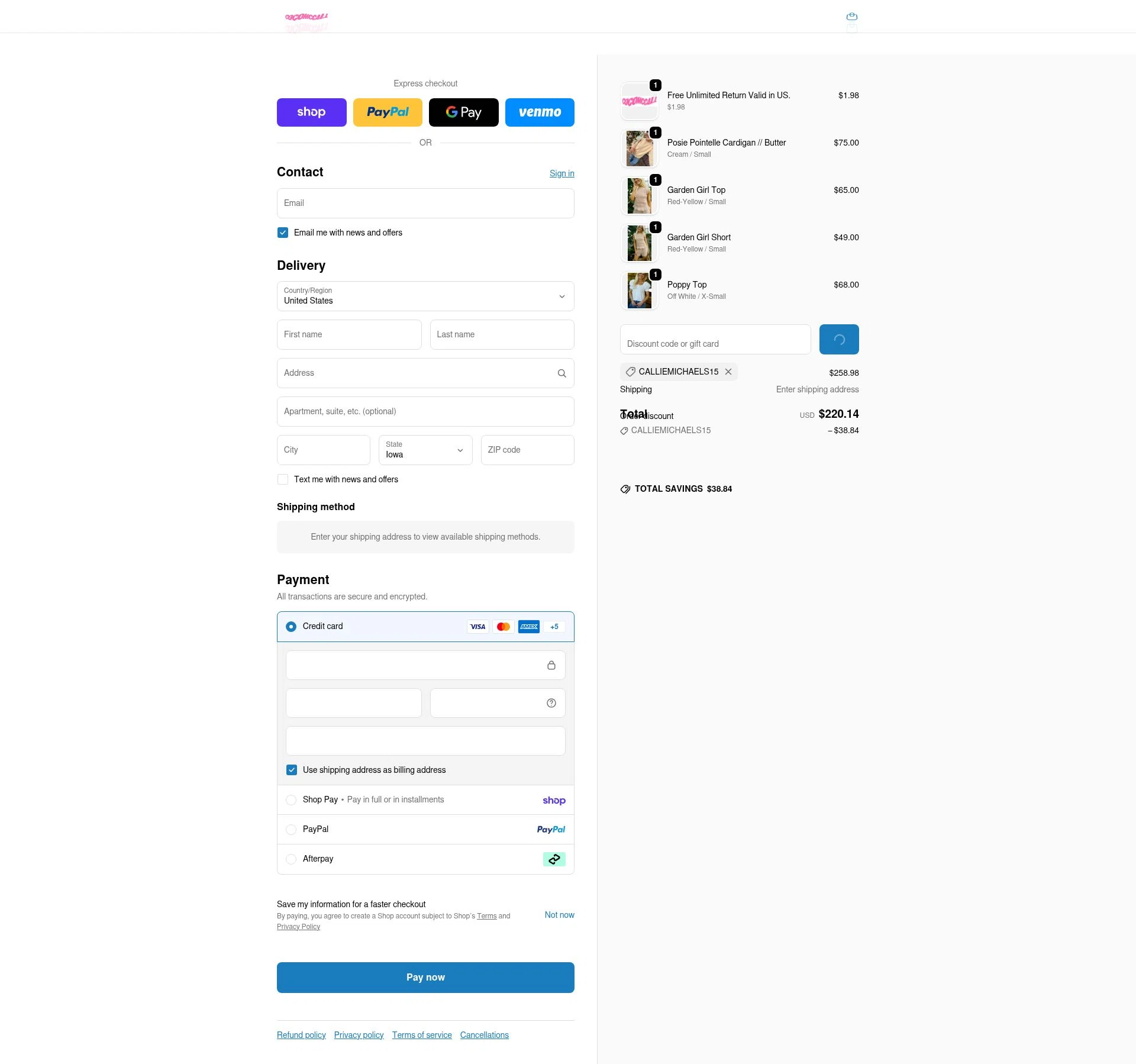Coco McCall Shop checkout page showing Coco McCall Shop promo code box | Screenshot taken by SimplyCodes community member on Feb 17, 2026