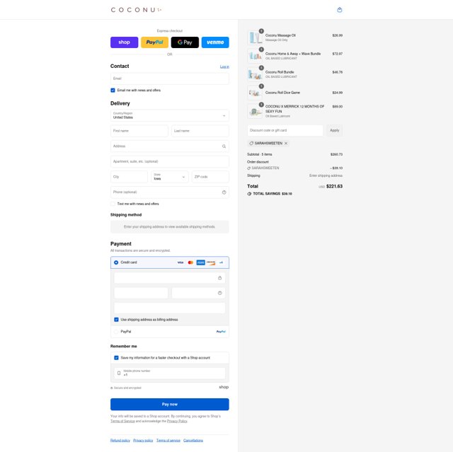 Coconu checkout page showing Coconu discount code box | Screenshot taken by SimplyCodes community member on Sep 2, 2025