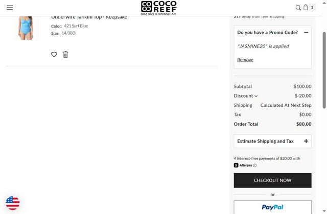 Coco Reef checkout page showing Coco Reef promo code box | Screenshot taken by SimplyCodes community member on Aug 16, 2025