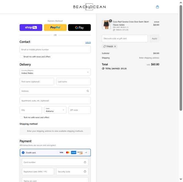 Coco Reef checkout page showing Coco Reef promo code box | Screenshot taken by SimplyCodes community member on Aug 26, 2025
