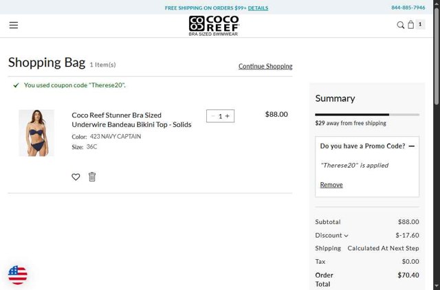 Coco Reef checkout page showing Coco Reef promo code box | Screenshot taken by SimplyCodes community member on Jul 29, 2025
