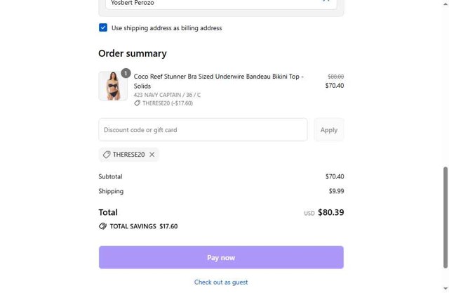 Coco Reef checkout page showing Coco Reef promo code box | Screenshot taken by SimplyCodes community member on Aug 27, 2025