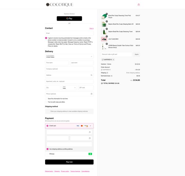 COCOTIQUE checkout page showing COCOTIQUE promo code box | Screenshot taken by SimplyCodes community member on Sep 15, 2025