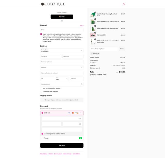COCOTIQUE checkout page showing COCOTIQUE promo code box | Screenshot taken by SimplyCodes community member on Sep 15, 2025