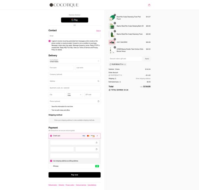 COCOTIQUE checkout page showing COCOTIQUE promo code box | Screenshot taken by SimplyCodes community member on Sep 15, 2025