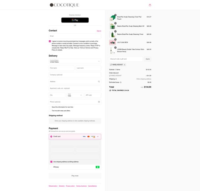 COCOTIQUE checkout page showing COCOTIQUE promo code box | Screenshot taken by SimplyCodes community member on Sep 15, 2025