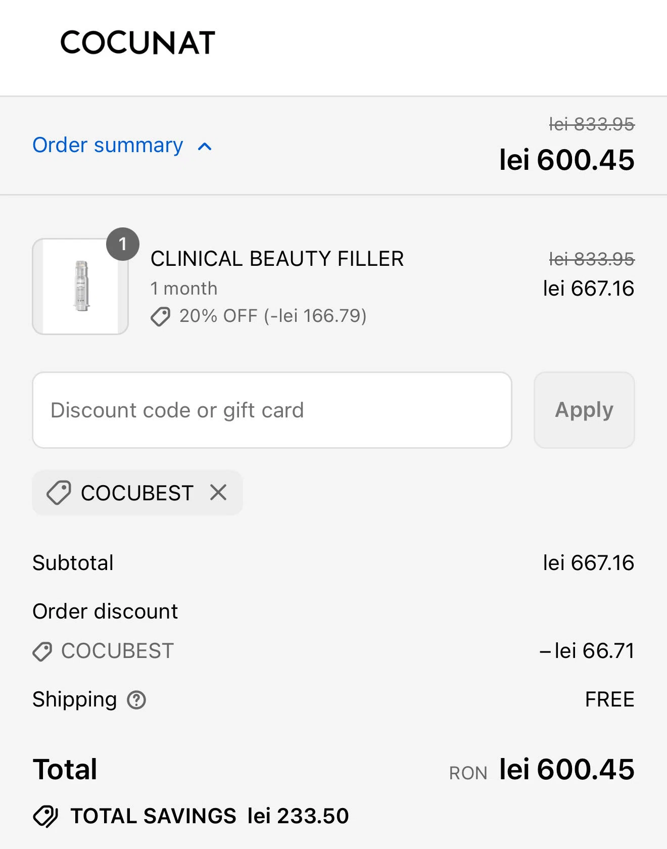 Cocunat Store promo code screenshot showing code COCUBEST applied at Cocunat Store checkout page. Uploaded by SimplyCodes community member VictoriousRanger8519 on Sep 16, 2025