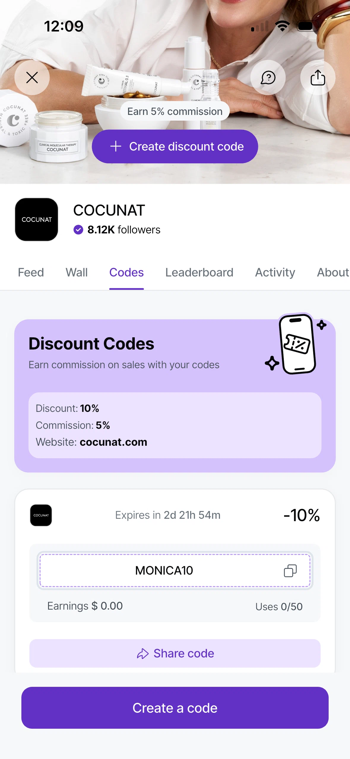 Cocunat Store promo code screenshot showing code MONICA10 applied at Cocunat Store checkout page. Uploaded by SimplyCodes community member CashTracker8041 on Feb 25, 2026