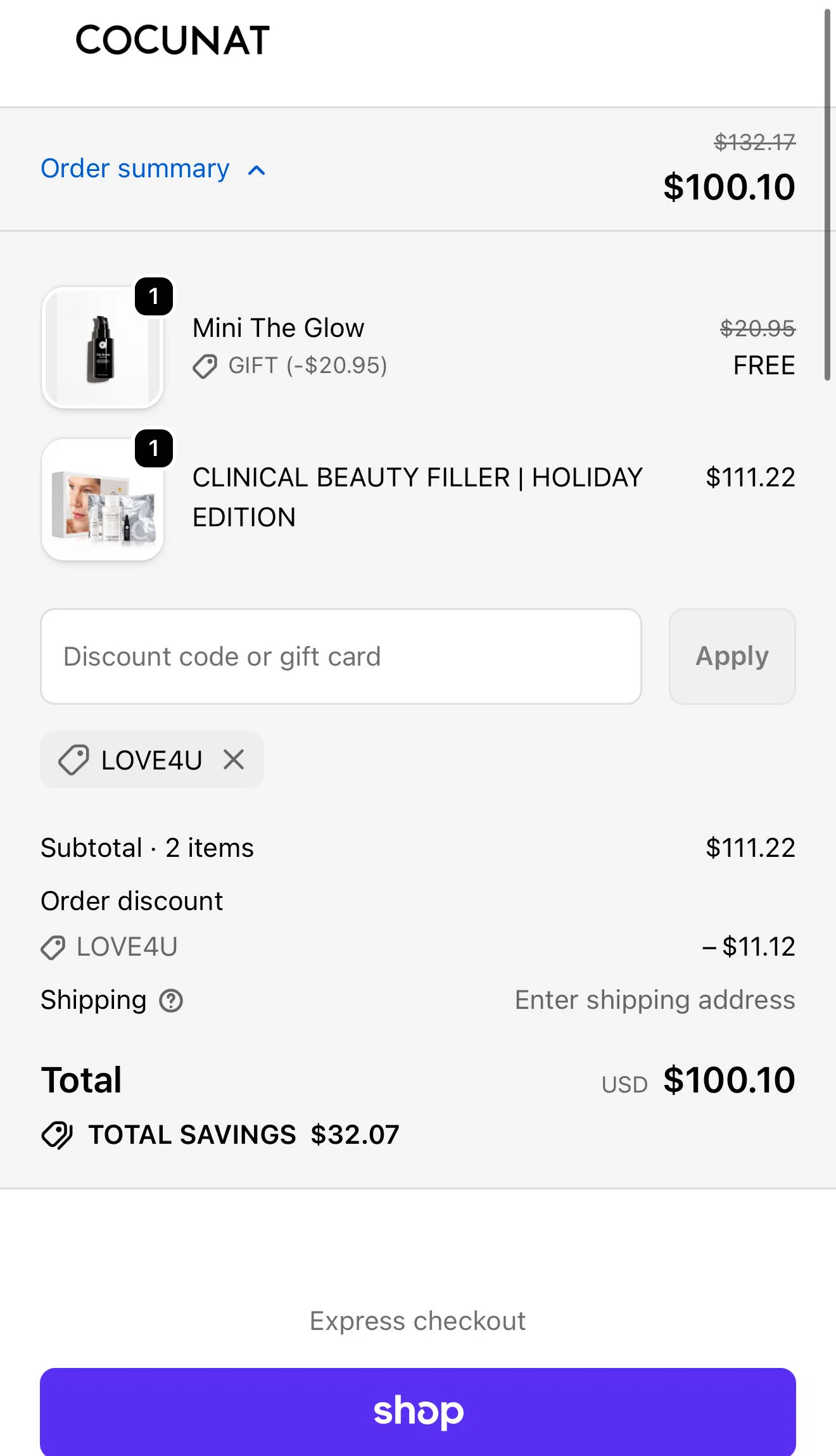 Cocunat Store promo code screenshot showing code LOVE4U applied at Cocunat Store checkout page. Uploaded by SimplyCodes community member VictoriousRanger8519 on Jan 12, 2026