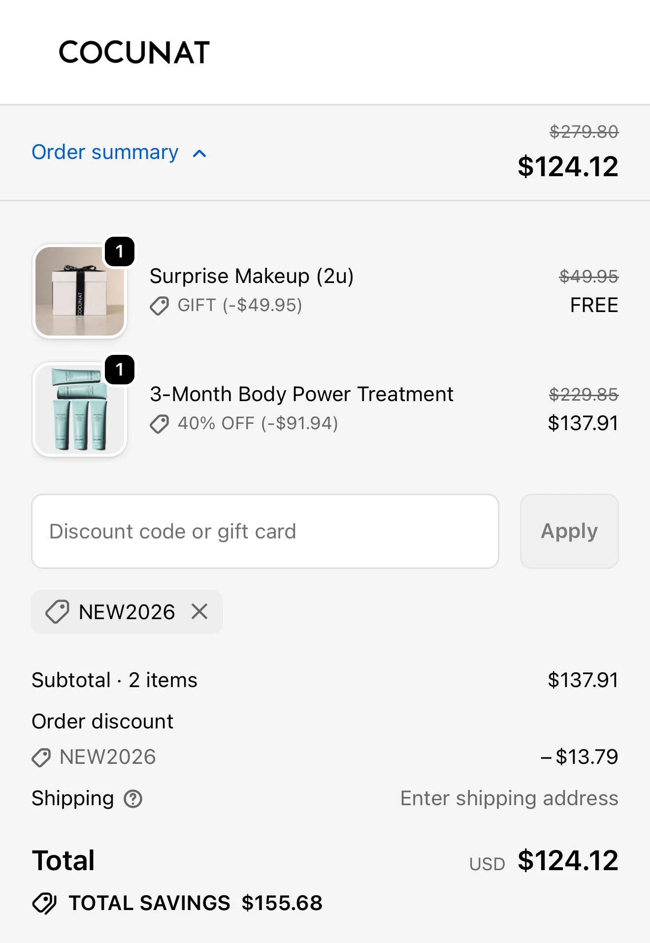 Cocunat Store promo code screenshot showing code NEW2026 applied at Cocunat Store checkout page. Uploaded by SimplyCodes community member VictoriousRanger8519 on Dec 19, 2025