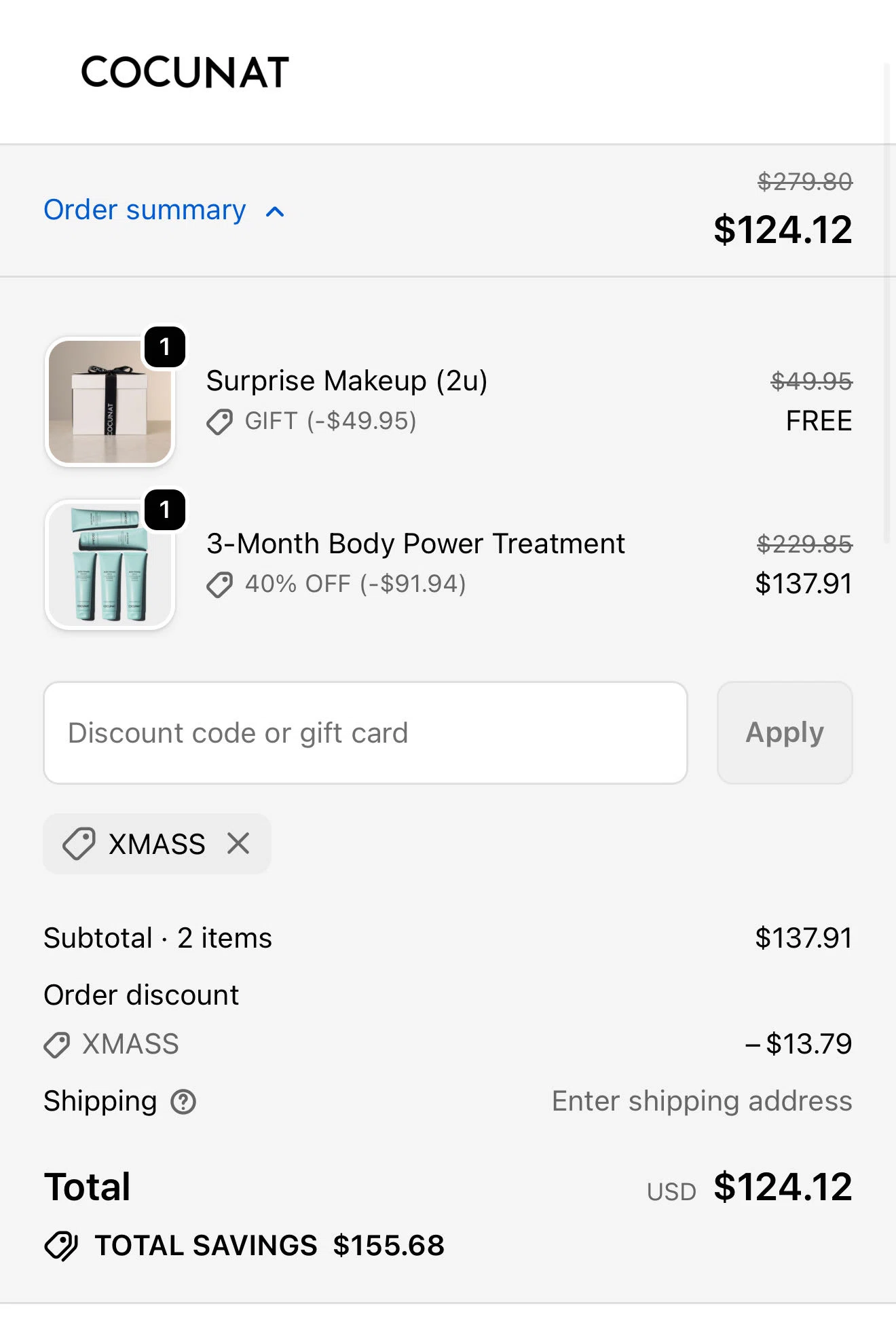 Cocunat Store promo code screenshot showing code XMASS applied at Cocunat Store checkout page. Uploaded by SimplyCodes community member VictoriousRanger8519 on Dec 17, 2025