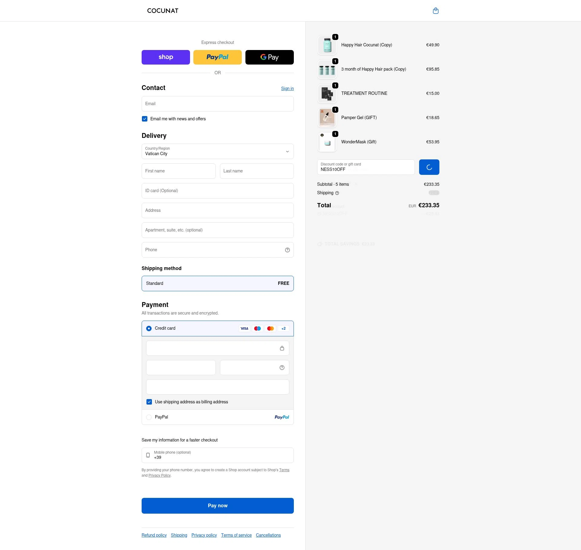 Cocunat Store checkout page showing Cocunat Store promo code box | Screenshot taken by SimplyCodes community member on Feb 25, 2026