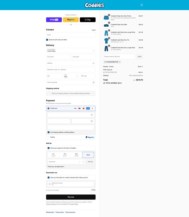 Coddies checkout page showing Coddies discount code box | Screenshot taken by SimplyCodes community member on Jul 31, 2025
