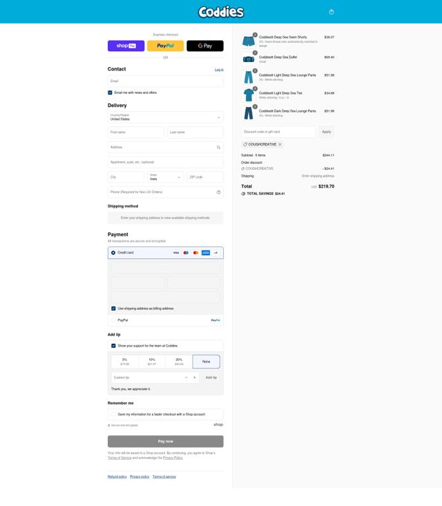 Coddies checkout page showing Coddies discount code box | Screenshot taken by SimplyCodes community member on Aug 16, 2025