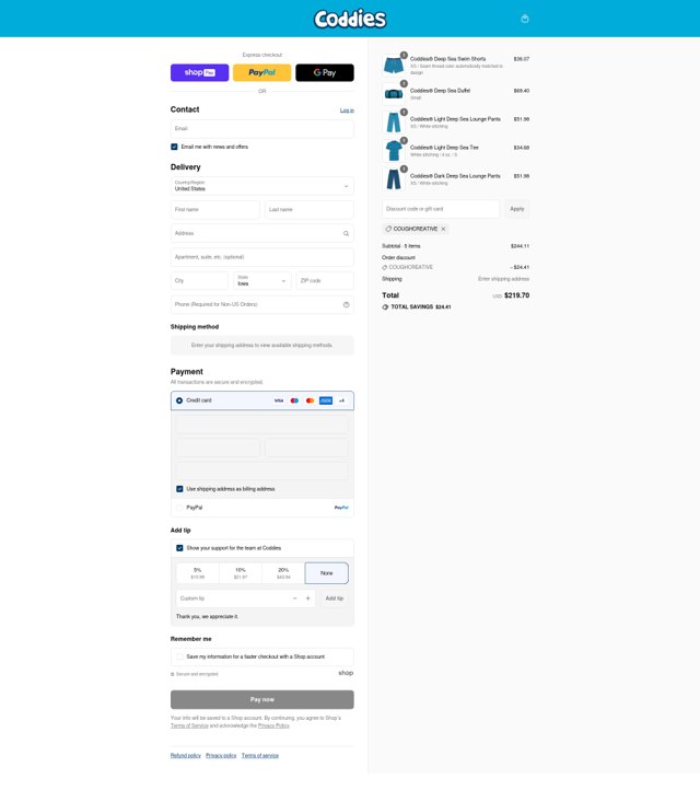 Coddies checkout page showing Coddies discount code box | Screenshot taken by SimplyCodes community member on Aug 16, 2025