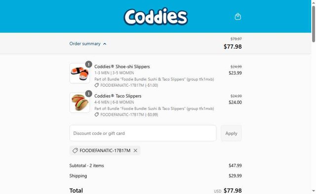Coddies checkout page showing Coddies discount code box | Screenshot taken by SimplyCodes community member on Aug 28, 2025