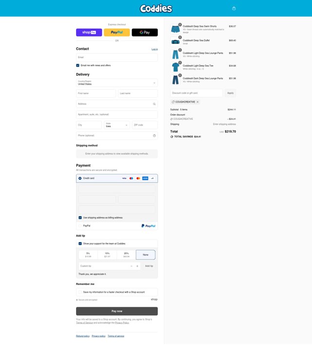 Coddies checkout page showing Coddies discount code box | Screenshot taken by SimplyCodes community member on Jul 22, 2025
