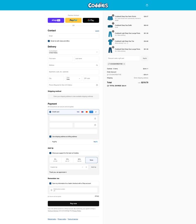 Coddies checkout page showing Coddies discount code box | Screenshot taken by SimplyCodes community member on Aug 26, 2025