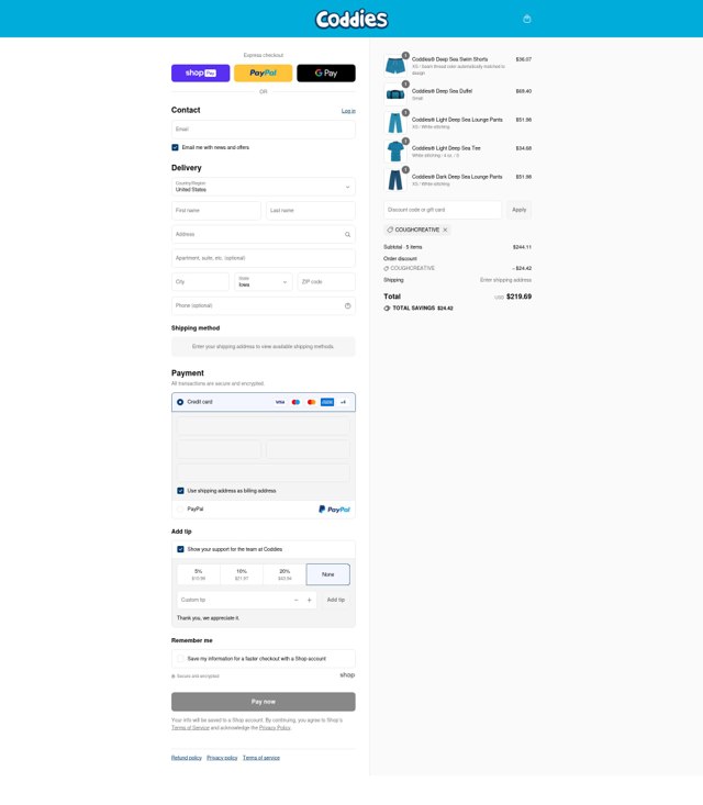 Coddies checkout page showing Coddies discount code box | Screenshot taken by SimplyCodes community member on Jul 18, 2025