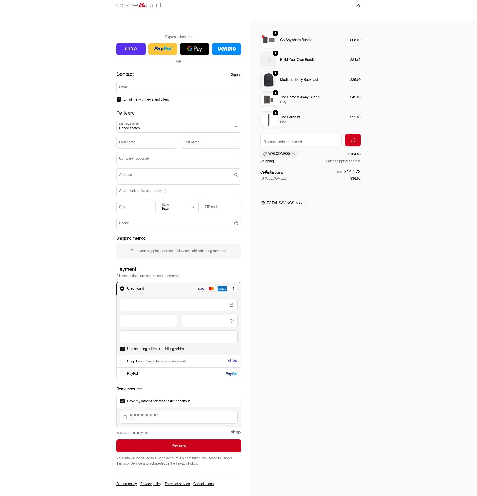 Code & Quill checkout page showing Code & Quill promo code box | Screenshot taken by SimplyCodes community member on Jan 5, 2026